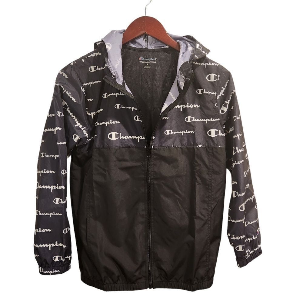 Champions Logo Windbreaker Jacket Zip up Hooded Black White Medium Kids